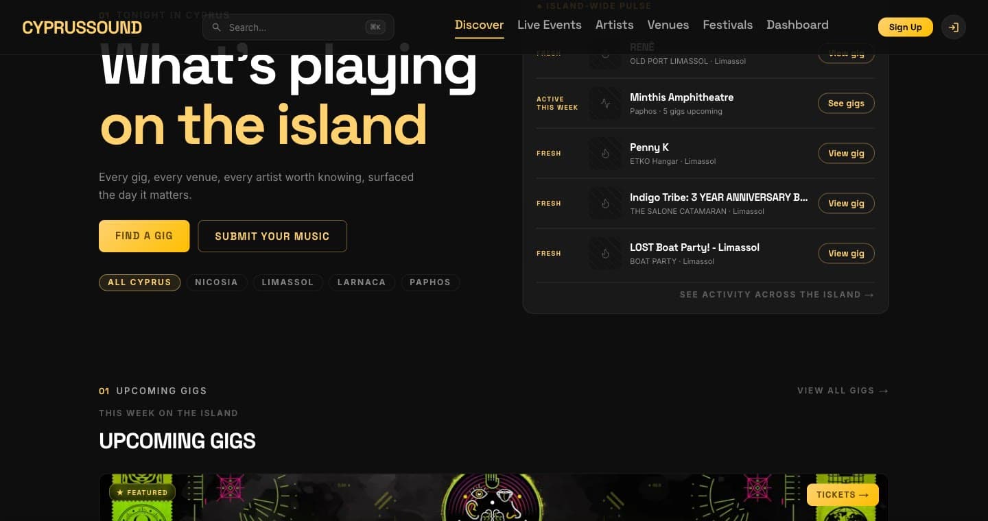 CyprusSound · Our own platform: Every gig on the island. Built from zero.