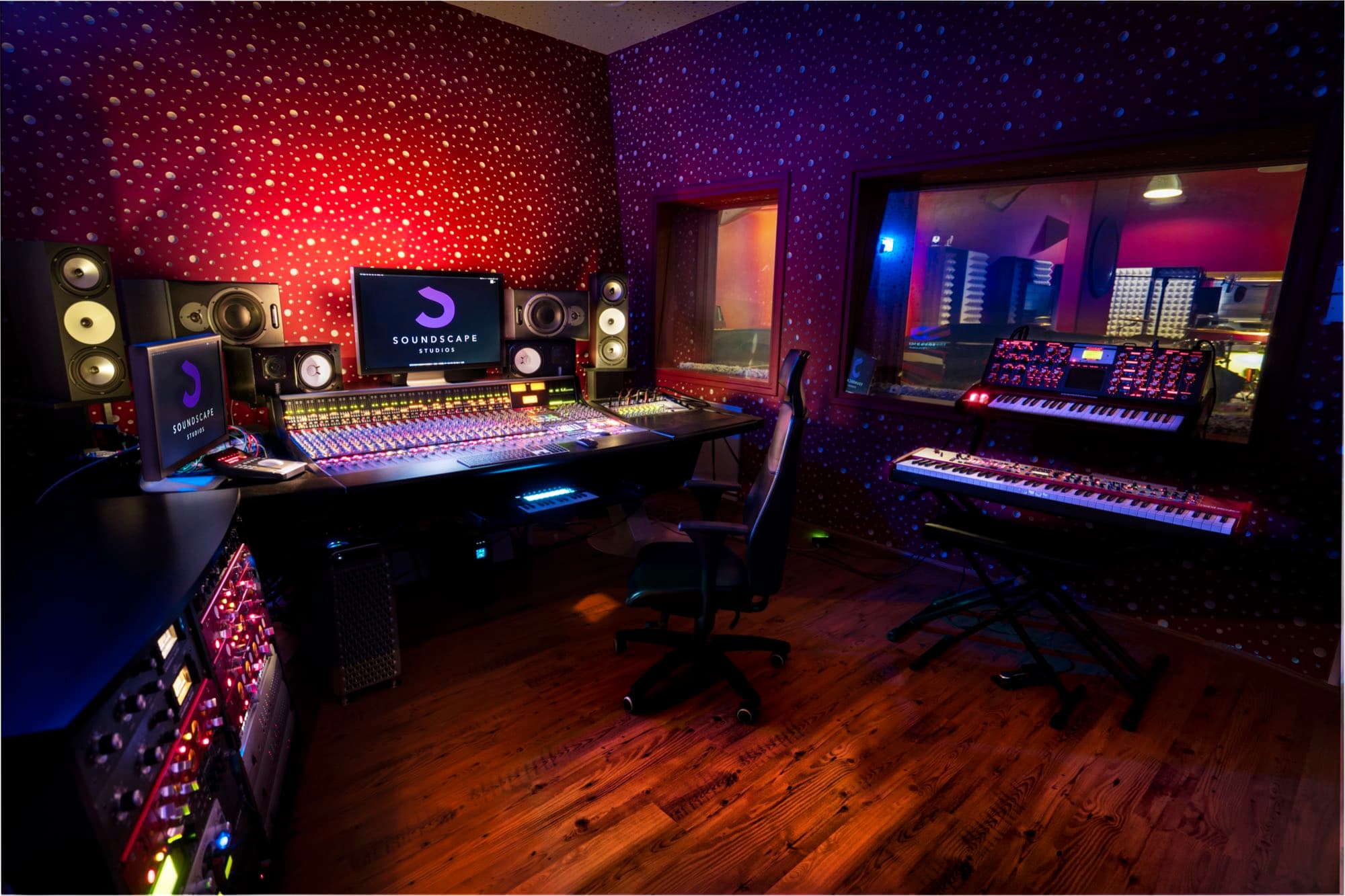 The control room desk at Soundscape Studios in Cyprus, a brand and systems engagement by Backlight Media